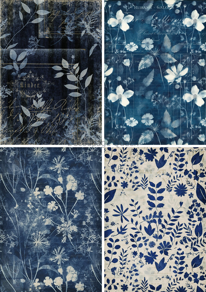 Decoupage Queen Decoupage Queen Indigo Botanicals 4 Pack decoupage rice paper A4 8.3 x 11.7 in-BluebirdMercantile