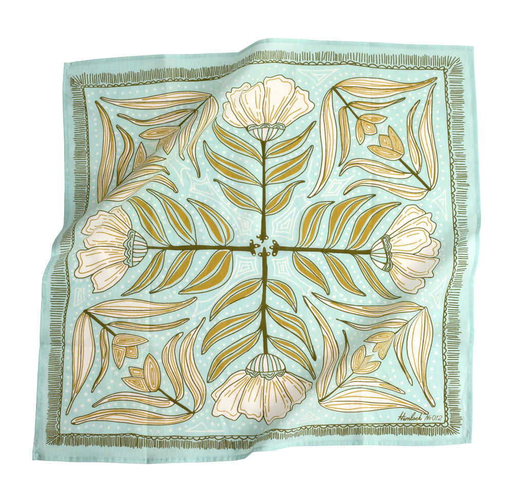 Hemlock Goods now HANKER Eliza no 12 Premium Cotton Handmade Bandana flowers yellow sage, aqua-BluebirdMercantile