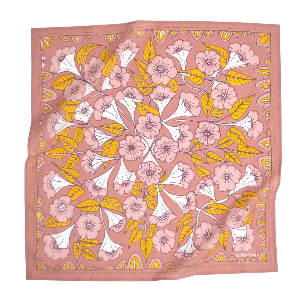 Hemlock Goods now HANKER Evangeline # 74 Premium Cotton Handmade Bandana pink gold mauve white geometric floral print.-BluebirdMercantile