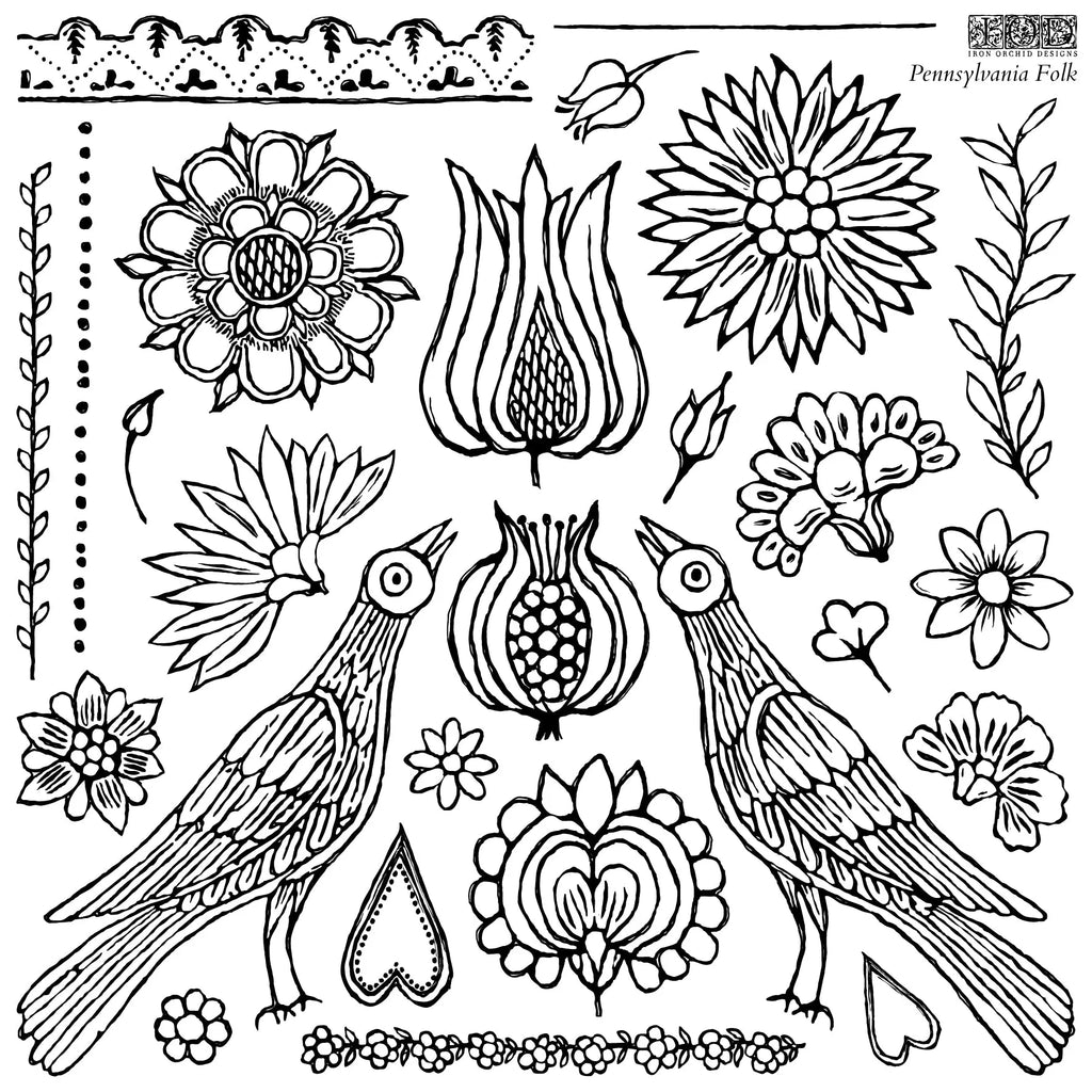 Iron Orchid Designs Summer IOD 2023 Pennsylvania Folk 12x12 IOD Stamp™ Decor Stamp-BluebirdMercantile